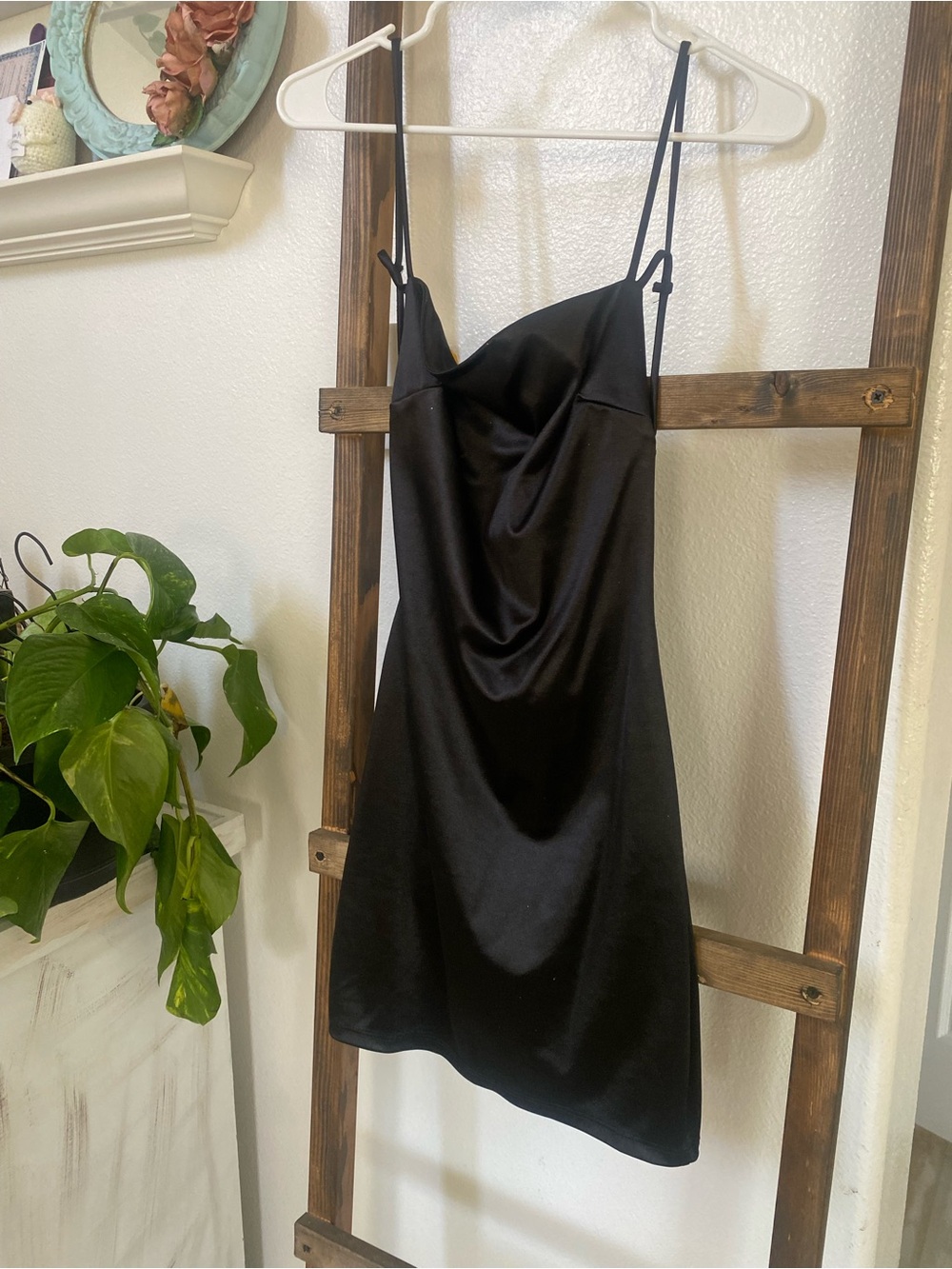 Black Satin Slip Dress with Cowl Neck